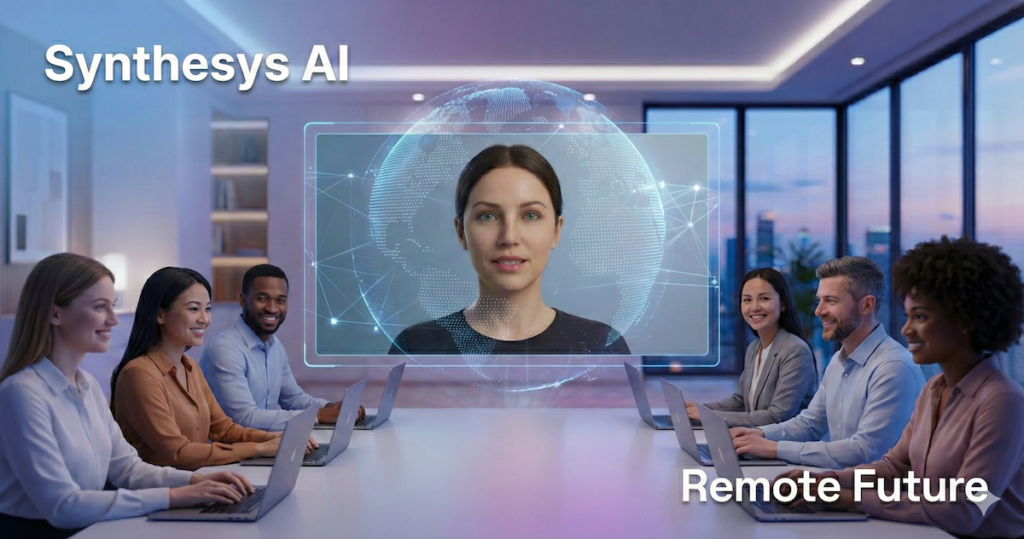 Business team watching an AI avatar presentation, illustrating how Synthesys AI enables scalable, professional video communication for remote teams.