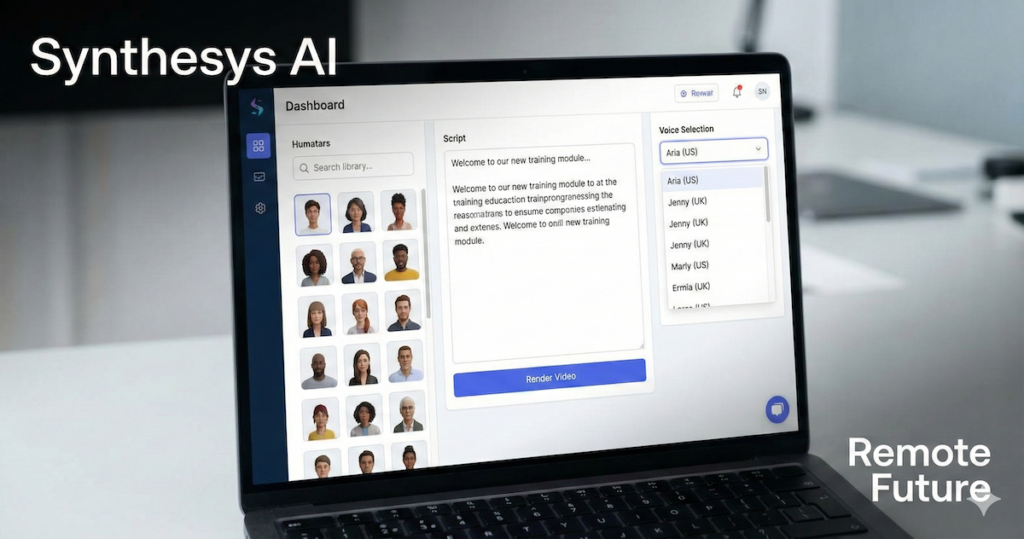 Synthesys AI dashboard showing the avatar library, script editor, and voice selection interface used to create AI presenter videos.