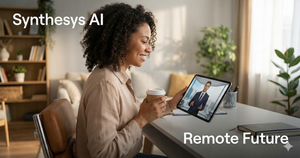 Remote professional using Synthesys AI to watch an AI presenter video on a tablet, illustrating who the platform is designed for.