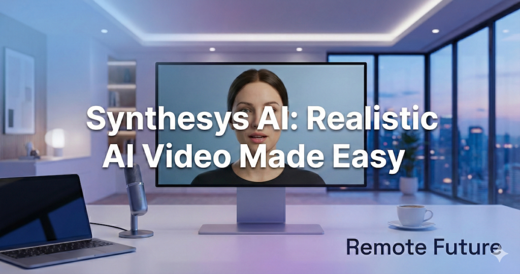 AI-generated avatar presenting a video on a desktop screen, illustrating Synthesys AI video creation for remote work and digital marketing.