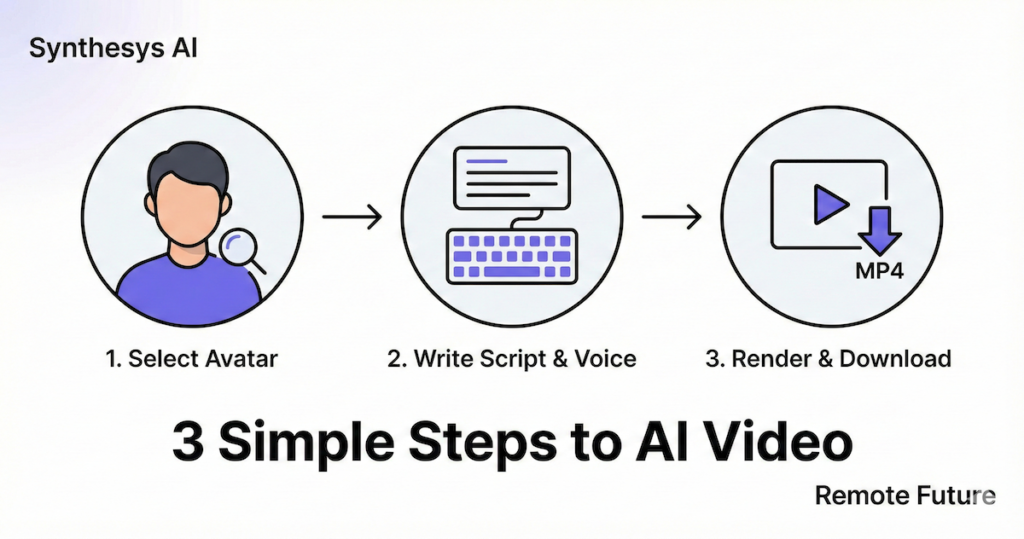 Step-by-step infographic showing how to create an AI video with Synthesys AI: select an avatar, write a script and voice, then render and download the video.