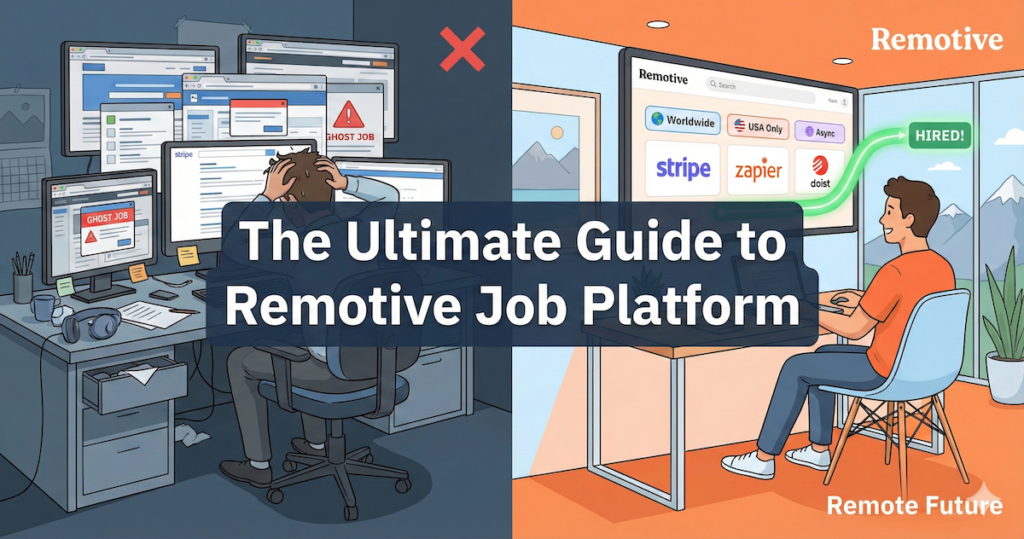 Split-screen illustration comparing stressful fake remote job searching with Remotive’s clean platform and a user getting hired.