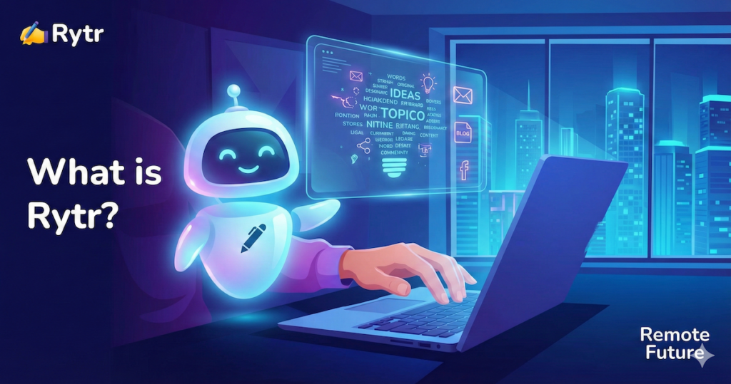 Illustration showing Rytr AI writing assistant helping a user generate content ideas on a laptop.
