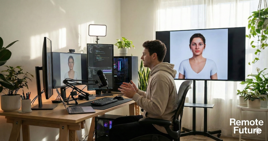 Content creator using AI avatar technology in a home studio, illustrating real-world use cases for AI video tools.