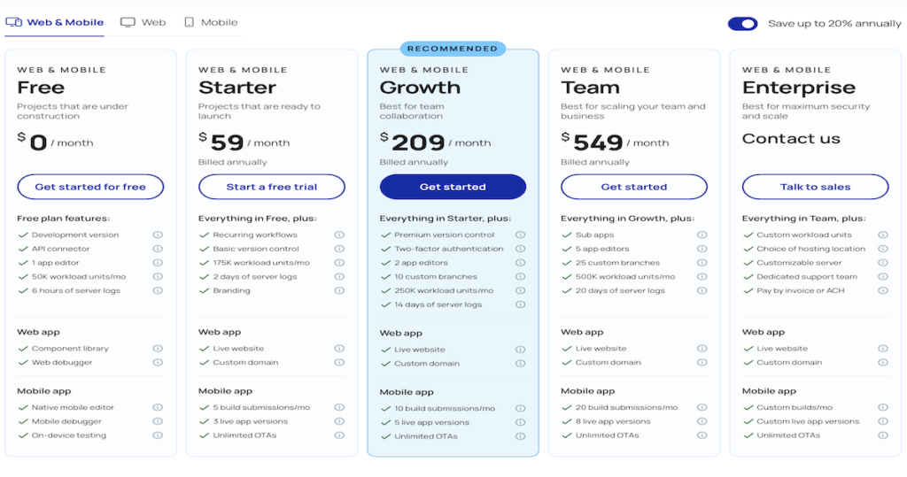 Bubble pricing plans comparison showing Free, Starter, Growth and Team plans
