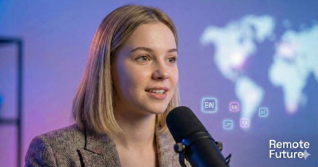 AI avatar speaking with multilingual video translation indicators, illustrating HeyGen’s video translation feature.