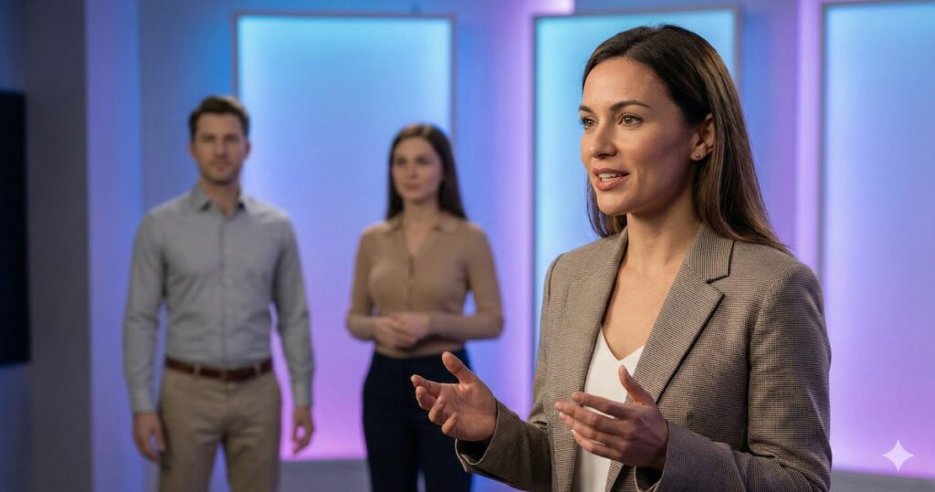 Comparison of AI video tools HeyGen, Synthesia, and Synthesys shown through realistic AI avatars in a studio setting