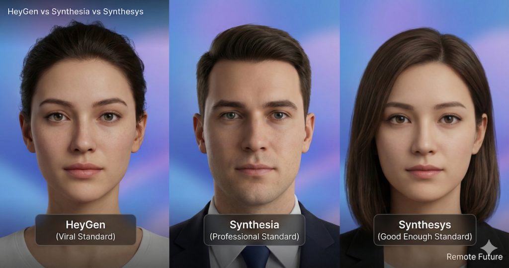 Avatar realism comparison showing AI avatars from HeyGen vs Synthesia vs Synthesys side by side.
