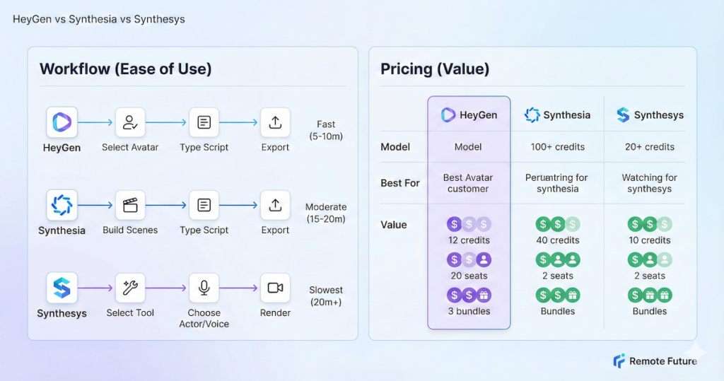 Pricing and value comparison of HeyGen, Synthesia, and Synthesys showing workflow speed, credit usage, and plan structure.