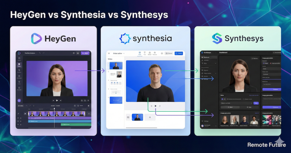 Side-by-side workflow comparison of the HeyGen, Synthesia, and Synthesys AI video creation interfaces.