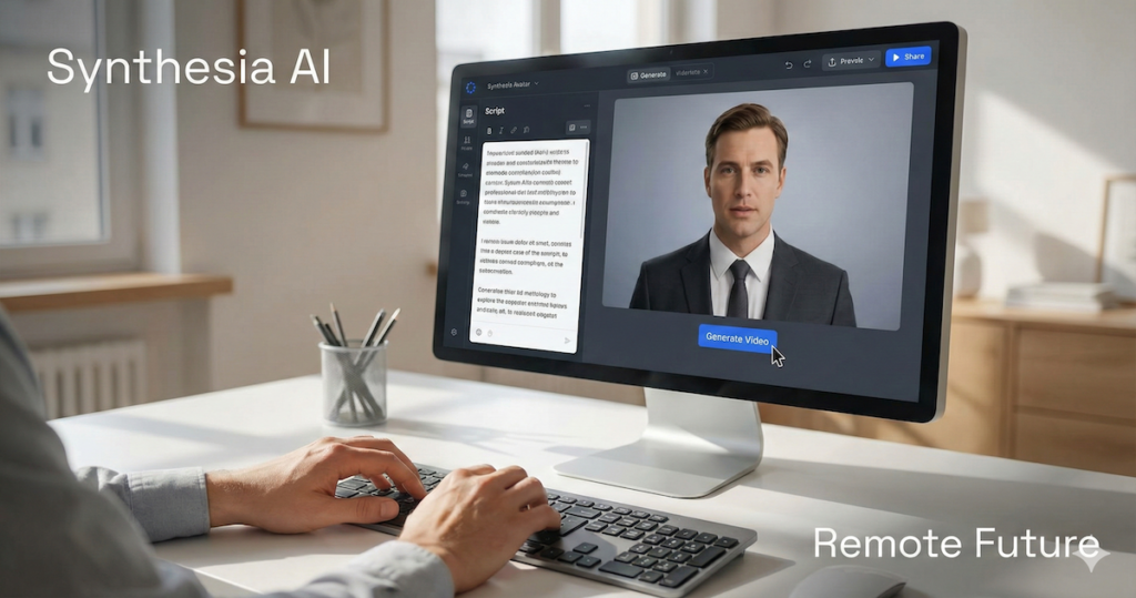 User typing a script and generating an AI video presenter inside the Synthesia interface.