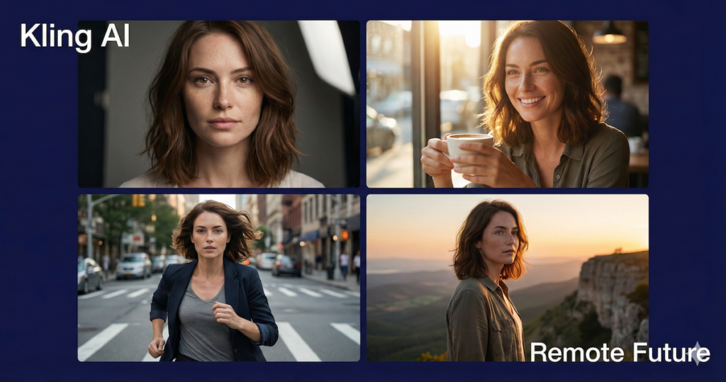 Kling AI character consistency showing the same woman appearing realistically across multiple scenes and environments