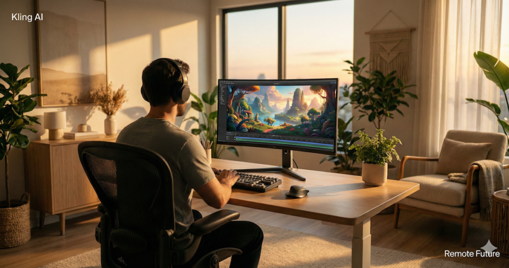 Creator working at a modern home desk, editing an AI-generated video scene on a desktop monitor using Kling AI in warm evening light.