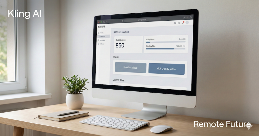 Kling AI dashboard showing free credits balance and daily usage limits for AI video creation.
