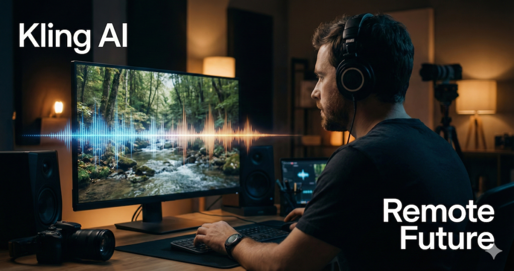 Creator using Kling AI native audio to sync sound effects with AI-generated video scenes on a desktop workstation.