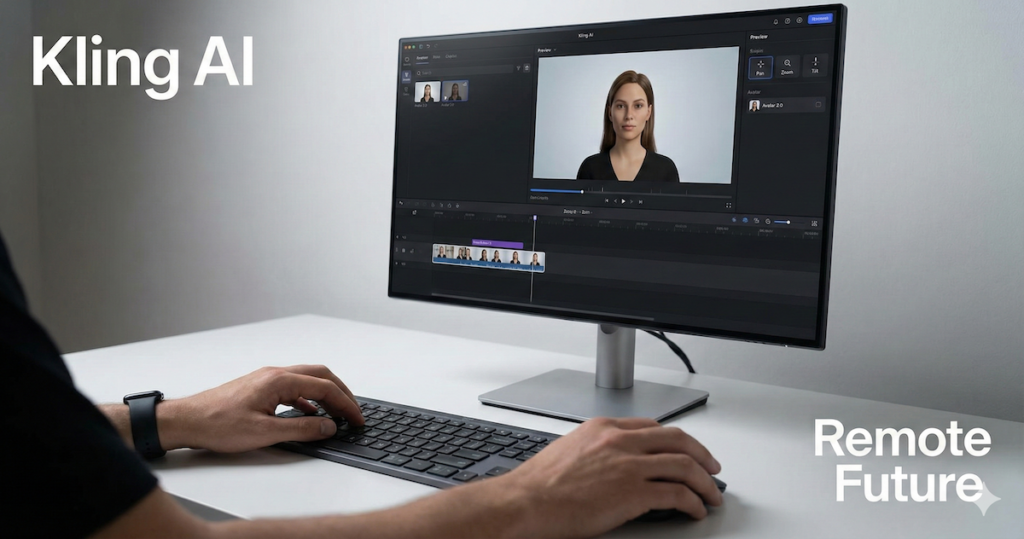 Kling AI interface showing a realistic AI avatar being edited on a desktop monitor with a simple timeline and controls