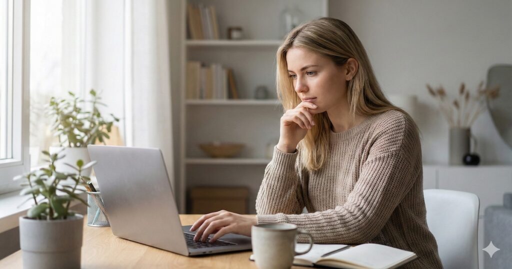 Woman working on a laptop at a desk, reviewing AI video content in a home workspace