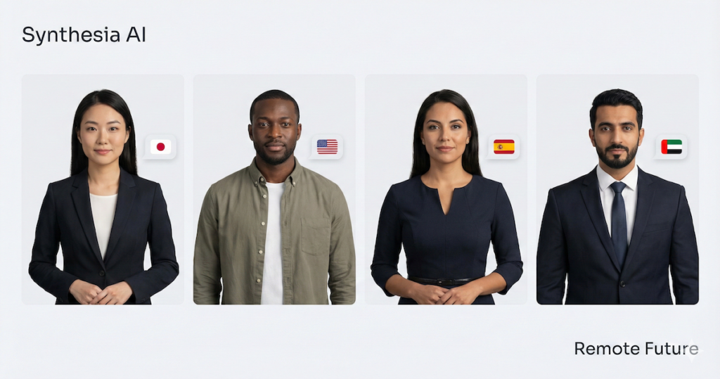 AI video avatars in multiple languages demonstrating Synthesia AI’s multilingual and avatar features.