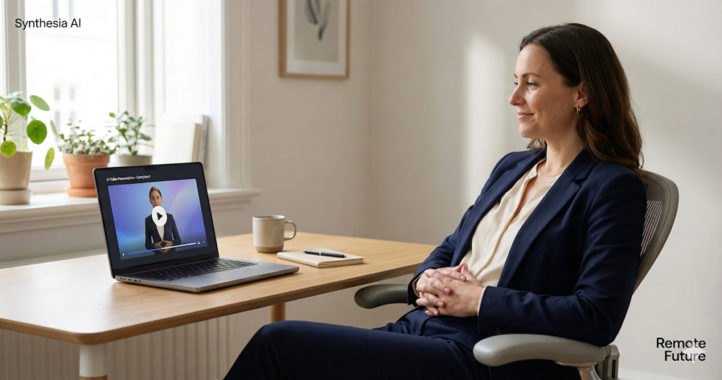 Professional reviewing a completed AI presenter video created with Synthesia AI in a calm office setting.
