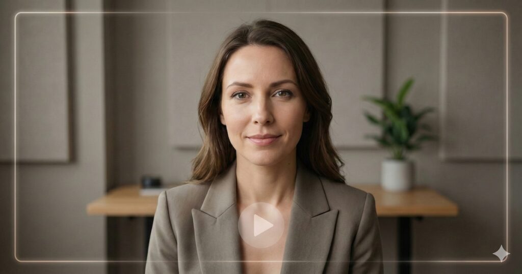 AI video presenter in a professional studio setting used for text-to-video creation without filming.