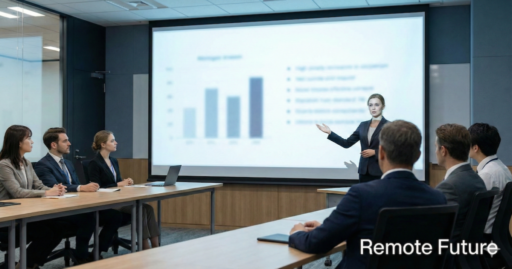 Corporate training presentation illustrating how Synthesia is used for professional onboarding and team communication.