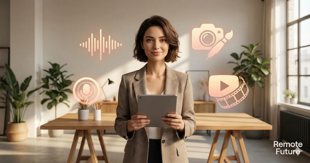 All-in-one AI marketing workflow showing voice, image, and video creation tools used together with Synthesys.