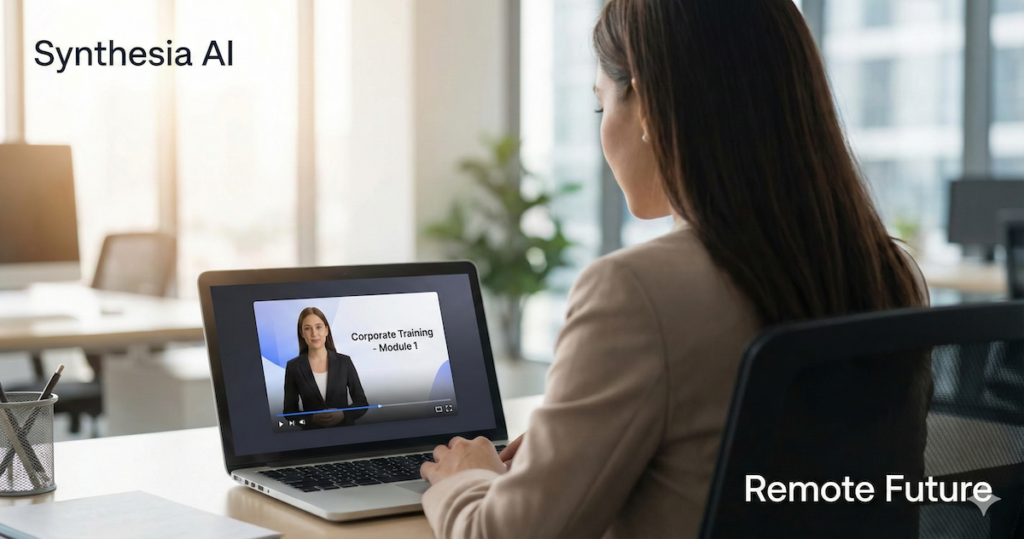 Professional using an AI-generated presenter for corporate training and internal learning videos.