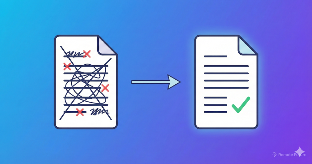Illustration showing messy draft document transformed into clean polished document after editing
