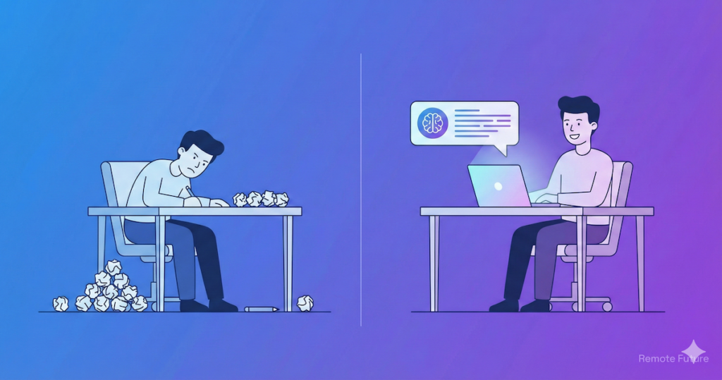 Comparison illustration showing writer struggling without AI versus working easily with an AI writing assistant