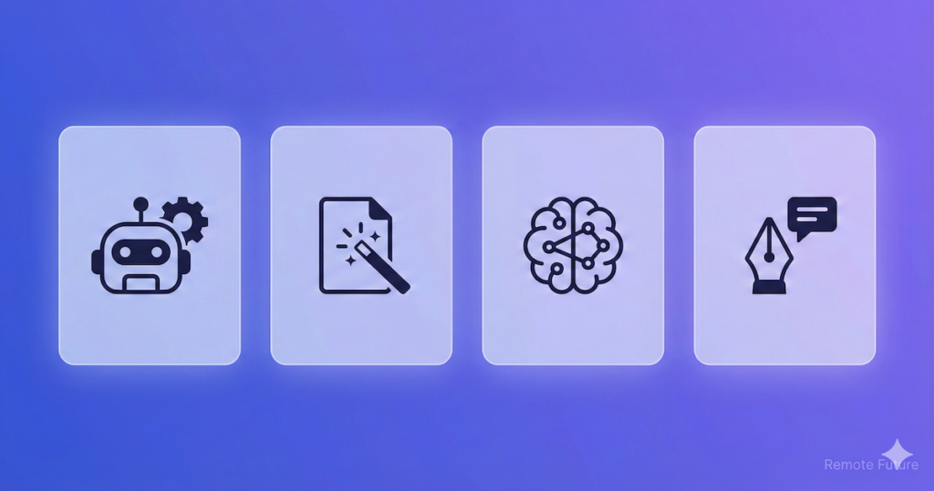 Illustration showing comparison between different AI writing tools represented as separate cards