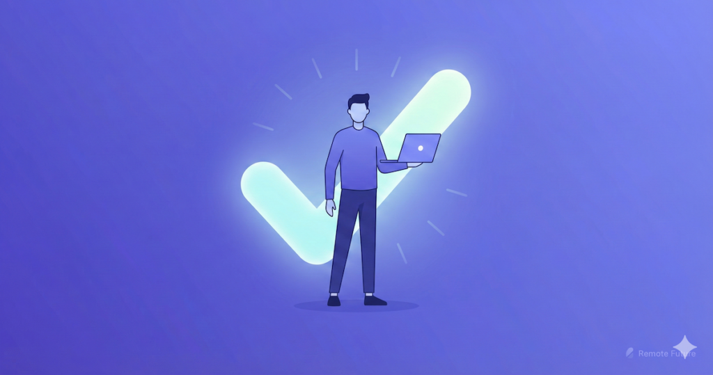 Illustration of confident person holding laptop with checkmark symbol representing successful decision