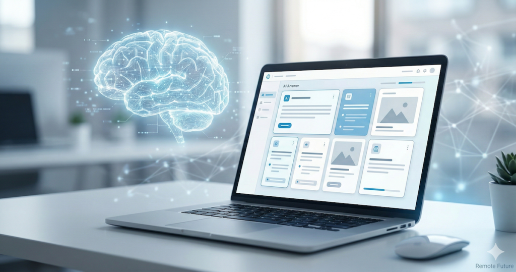 Conceptual illustration of generative engine optimization showing AI-generated answer interface and digital neural network