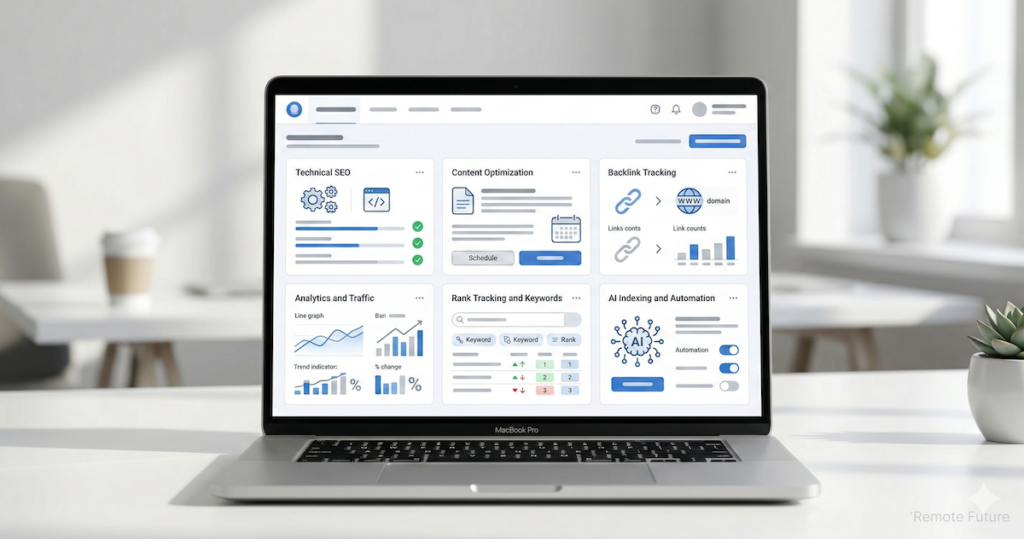 Illustration of an all-in-one SEO dashboard showing technical SEO, content optimization, analytics, backlink tracking, and AI automation panels