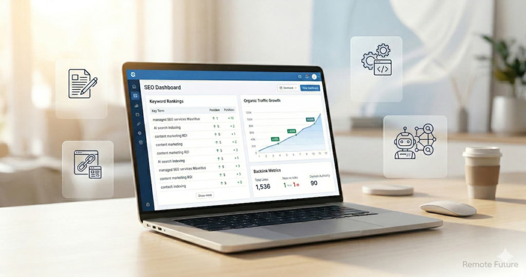 Ranked AI features showing blog content, backlinks, technical SEO, and AI search indexing on dashboard