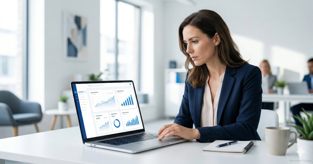 Business professional analyzing SEO performance data on a laptop in a modern office setting