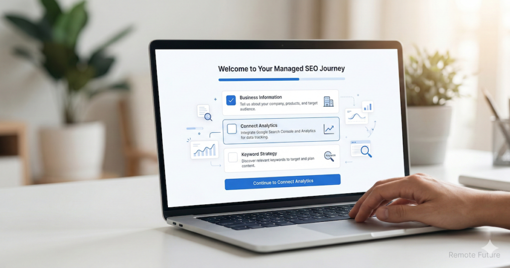 Ranked AI onboarding setup checklist showing business information, analytics connection, and keyword strategy steps