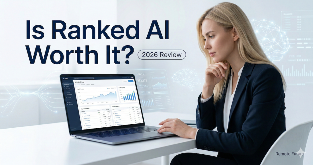 Ranked AI review 2026 showing SEO analytics dashboard on laptop with entrepreneur evaluating performance