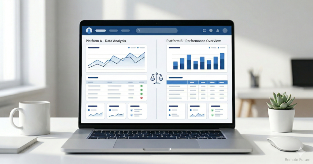 Side-by-side comparison illustration of two SEO platforms showing performance dashboards and analytics panels