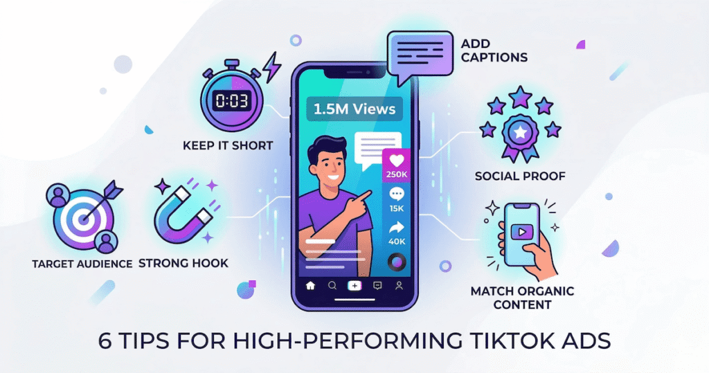 6 tips to make TikTok AI UGC ads perform better including strong hook, captions and social proof