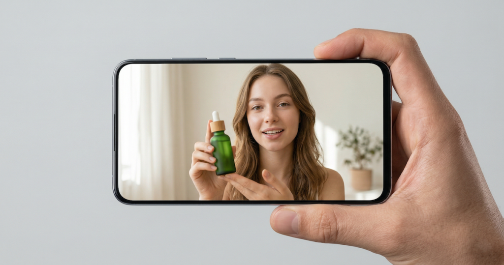 Smartphone showing a realistic AI UGC video ad of a woman presenting a skincare product
