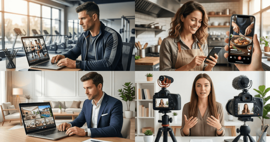 Four different business owners including a gym owner, restaurant owner, real estate agent, and online coach using AI video ad tools on laptops and phones
