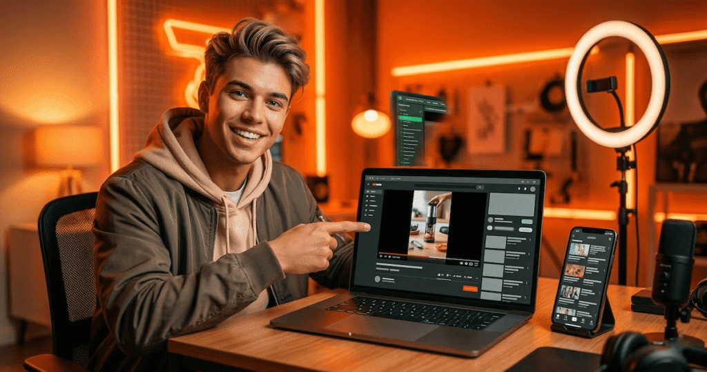 Young dropshipper using Creatify AI on a laptop to create TikTok video ads in a home studio setup