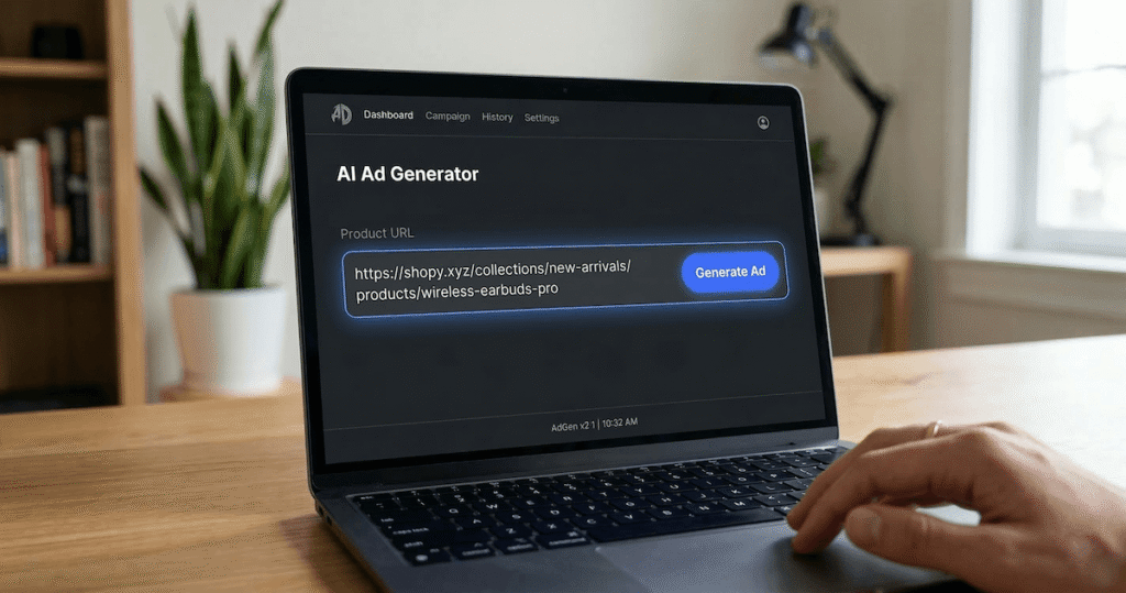 Pasting a Shopify product URL into an AI ad generator to create TikTok AI UGC ads