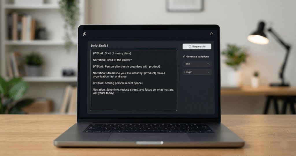 AI-generated script editor for TikTok AI UGC ads showing narration and visual cues