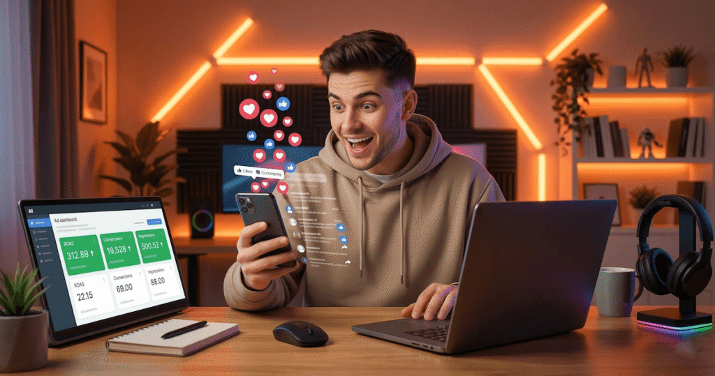 Excited dropshipper watching his Creatify AI TikTok video ad go viral on his phone with likes and comments flooding the screen