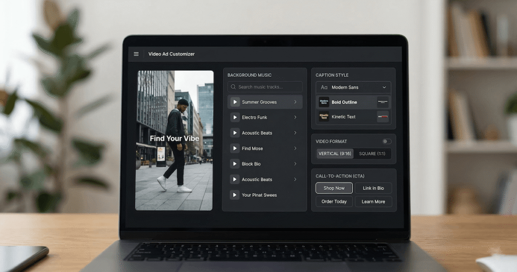 Video ad customizer panel for TikTok AI UGC ads showing music, captions, format and CTA options