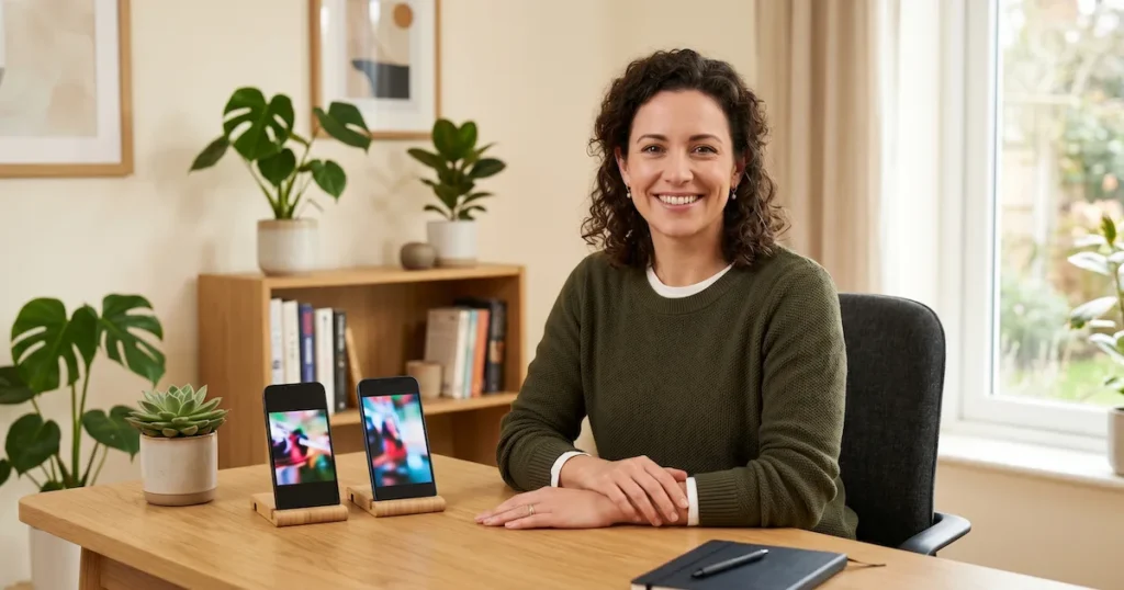 Woman at a desk with two smartphones displaying AI-generated video content