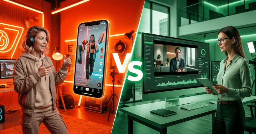 Creatify vs Tagshop AI comparison showing a TikTok creator on the left and a professional marketer on the right