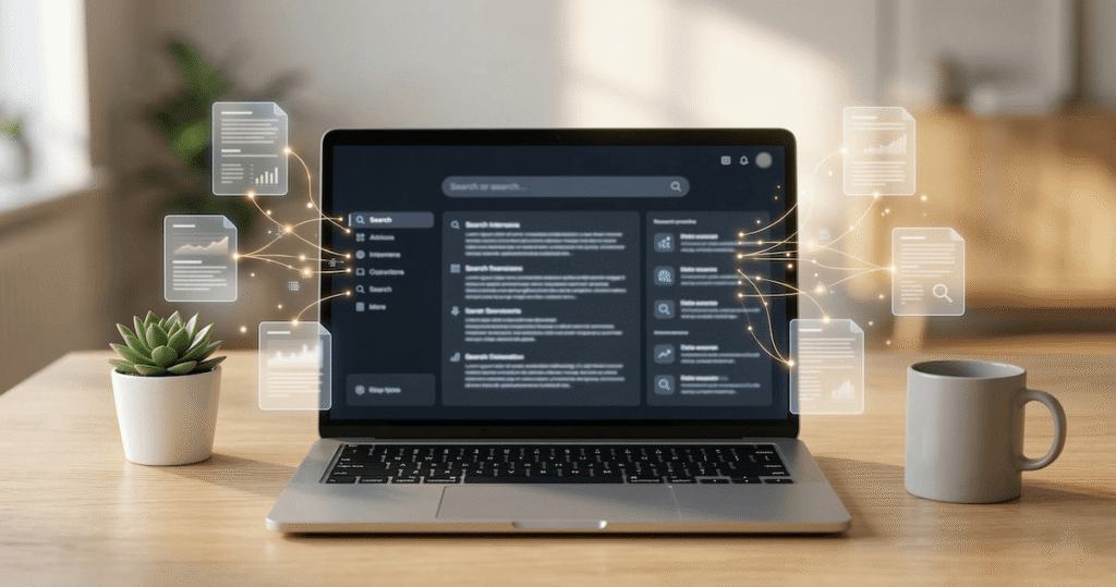 Genspark AI for research — AI-powered search interface on a laptop with floating document cards and golden light trails on a clean wooden desk