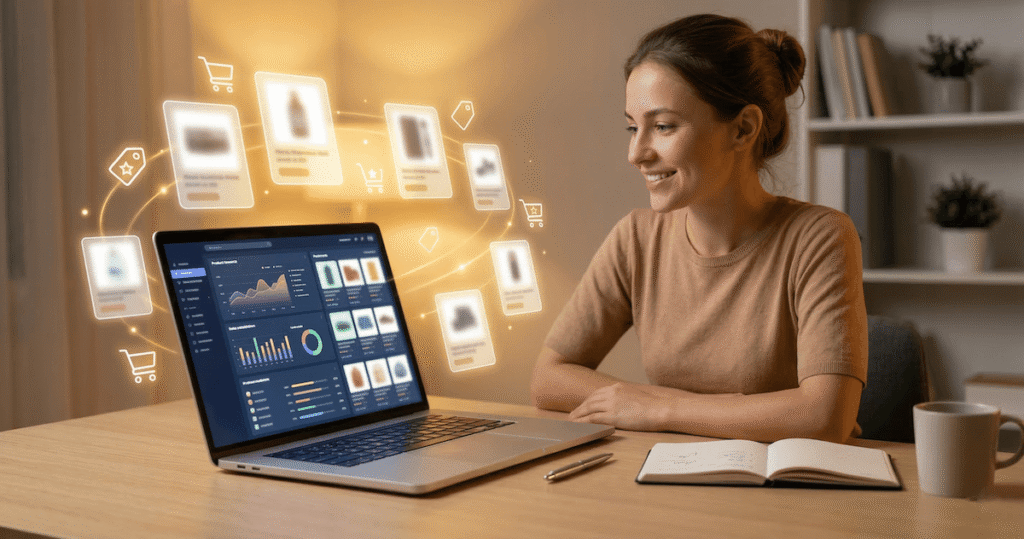 Smiling female entrepreneur using Genspark AI for research to discover trending dropshipping products with floating glowing product cards on screen